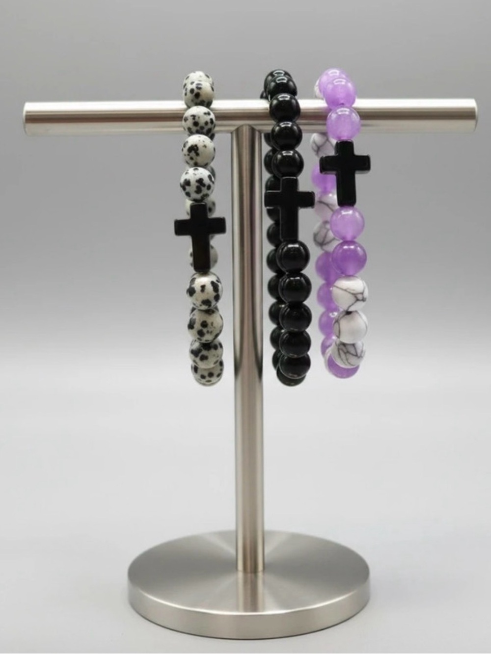 Beaded Cross Stretch Bracelet - Purple, Black, Dalmatian Jasper